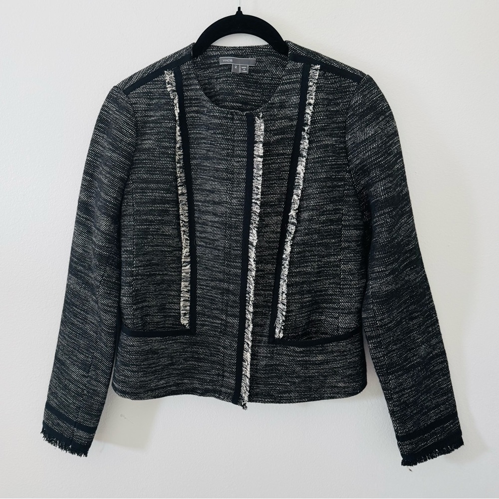 VINCE. Tweed Boucle Fringe Collarless Jacket